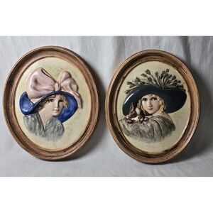 2 Vintage 1975 Art Duncan Round Wall Molds Hand Painted Lady Dog Ceramics Signed